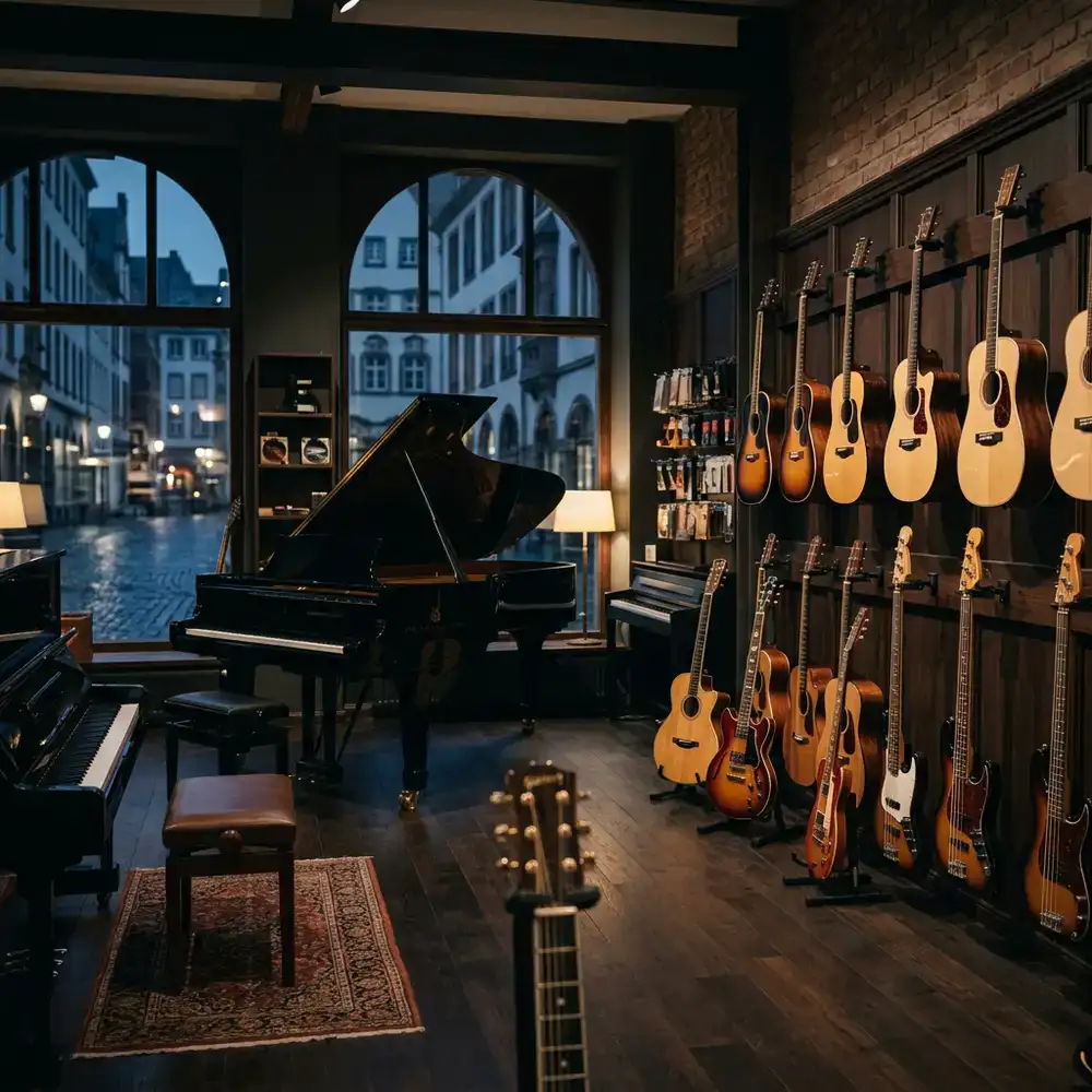 Slentick Music Showroom in Köln mit Pianos und Gitarren