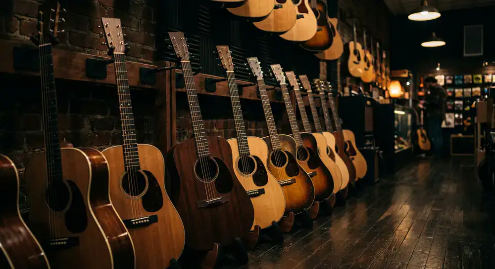 Reihe von Akustikgitarren im Musikaliengeschäft