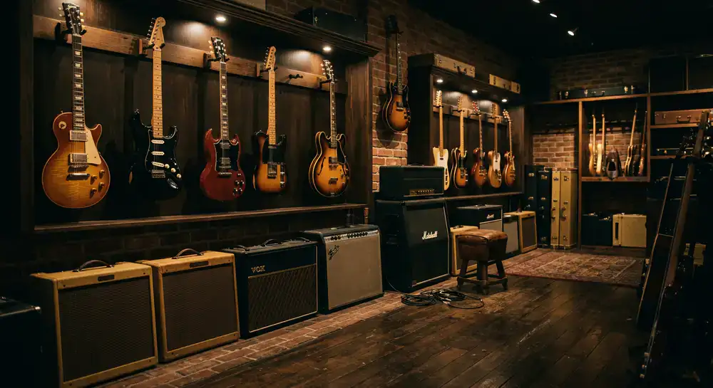 E-Gitarren und Verstärker im Ausstellungsraum