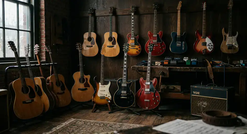 Sammlung von E-Gitarren und Akustikgitarren
