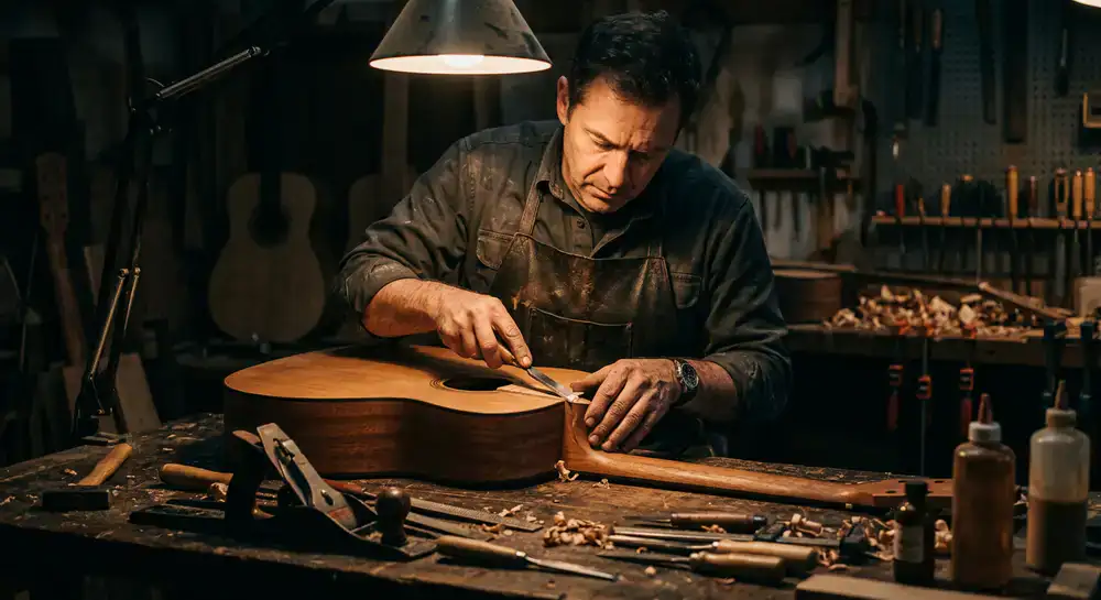 Gitarrenbauer bei der detaillierten Arbeit an einem Instrument