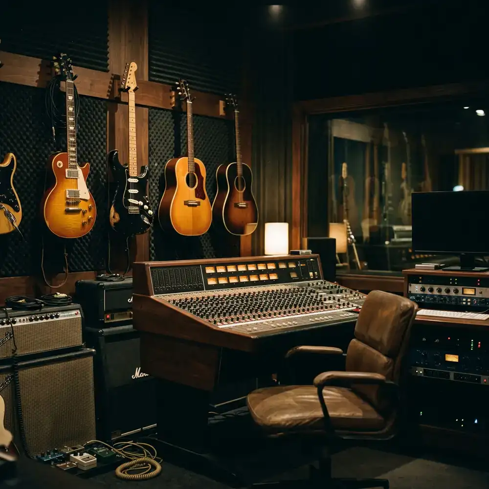 Professionelles Tonstudio mit hochwertigen Gitarren und Equipment
