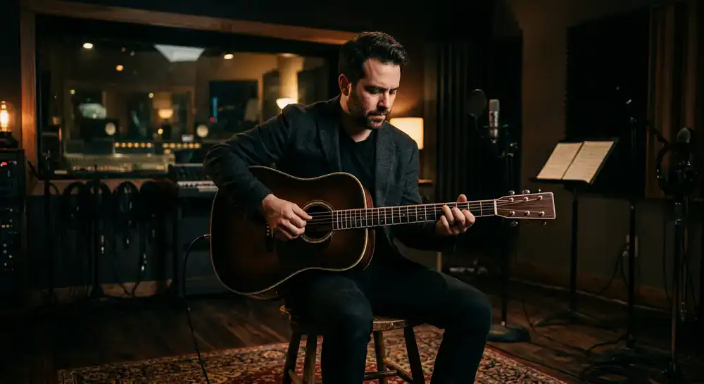Professioneller Musiker spielt eine hochwertige Akustikgitarre im Studio